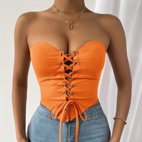 BellanBlue Tops - Boho Orange Lace up Bustier Corset Cropped Top